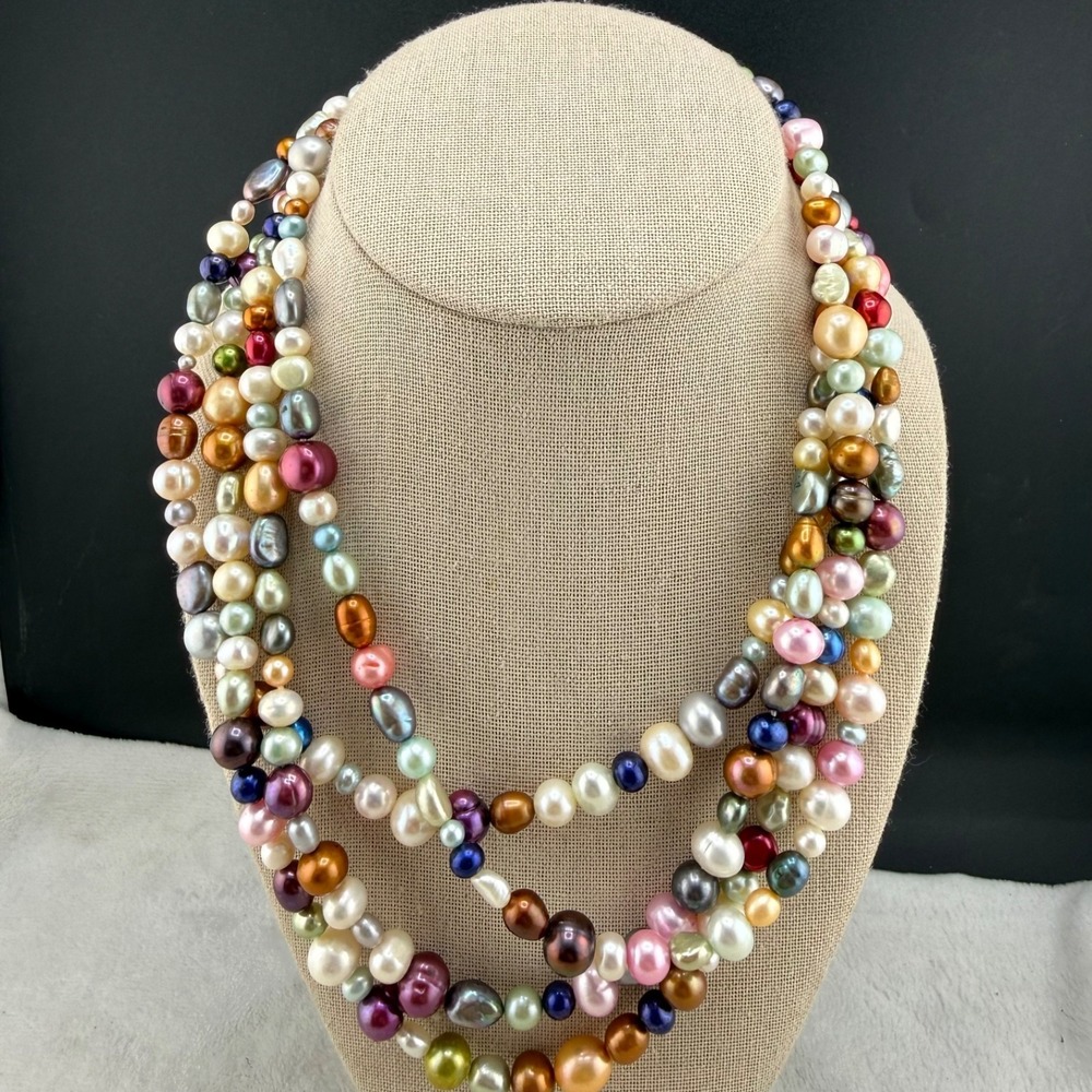 Vintage Lucas Lameth Pearl Necklace Layered Multi Color Signed Adjustable 18"